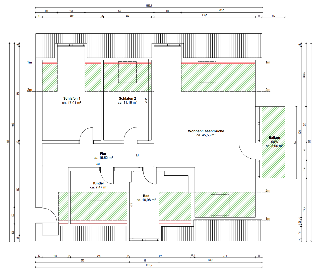Grundriss, Wohnflächenberechnung, Architektenstempel