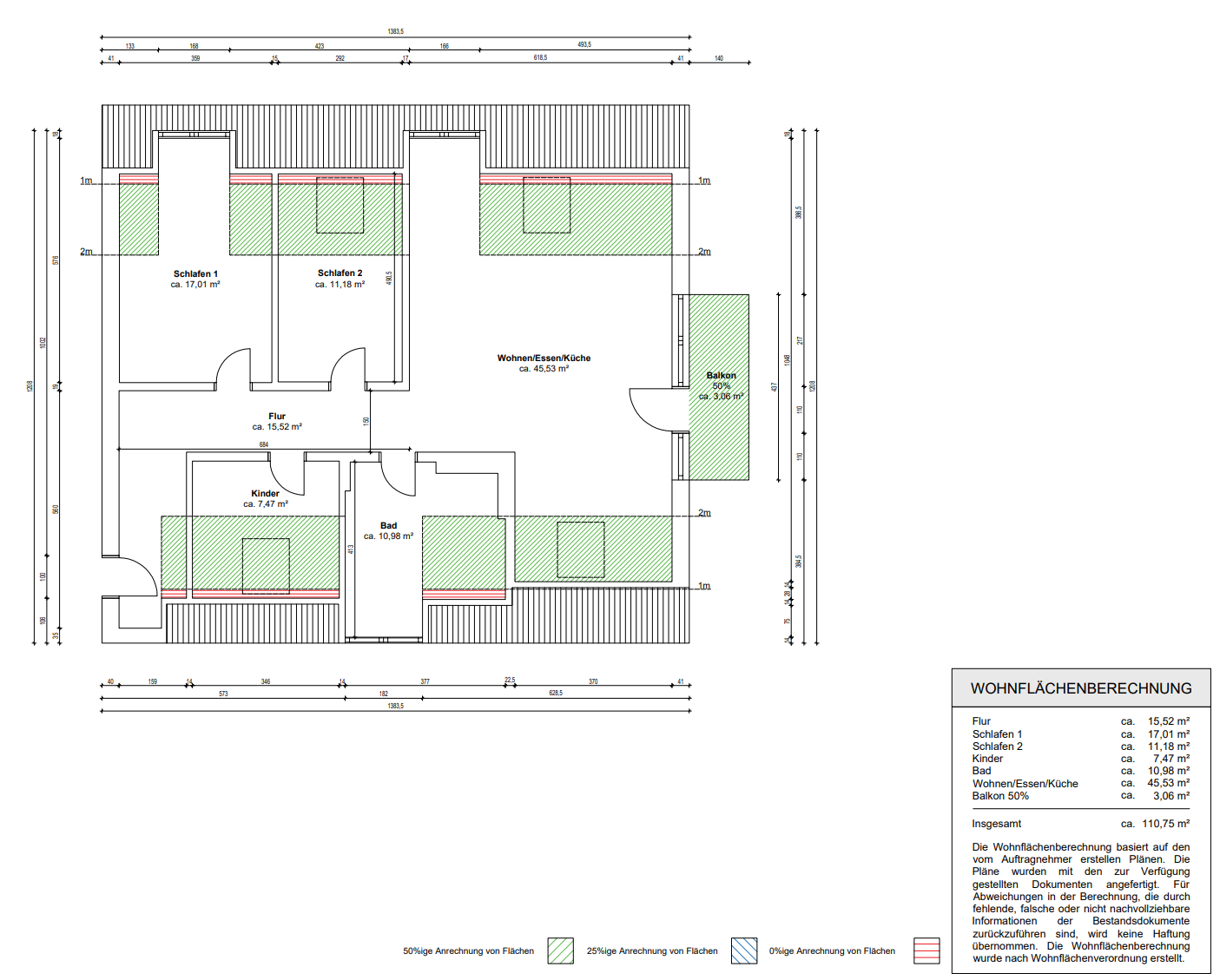 Grundriss, Wohnflächenberechnung, Architektenstempel